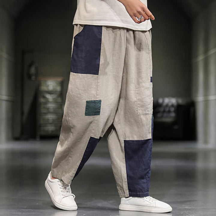 Buddha Stones Spring Casual Color Block Cotton Linen Cropped Men's Harem Pants With Pockets - image 1