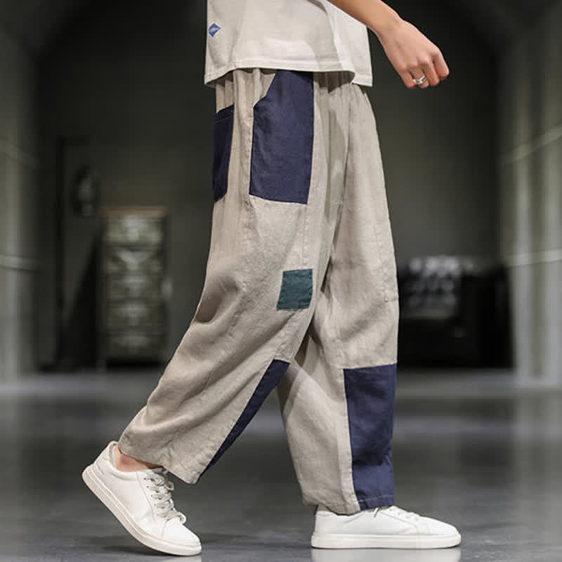 Buddha Stones Spring Casual Color Block Cotton Linen Cropped Men's Harem Pants With Pockets - image 3