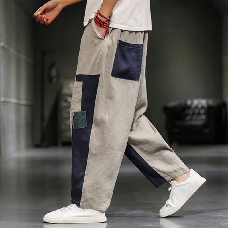 Buddha Stones Spring Casual Color Block Cotton Linen Cropped Men's Harem Pants With Pockets - image 5