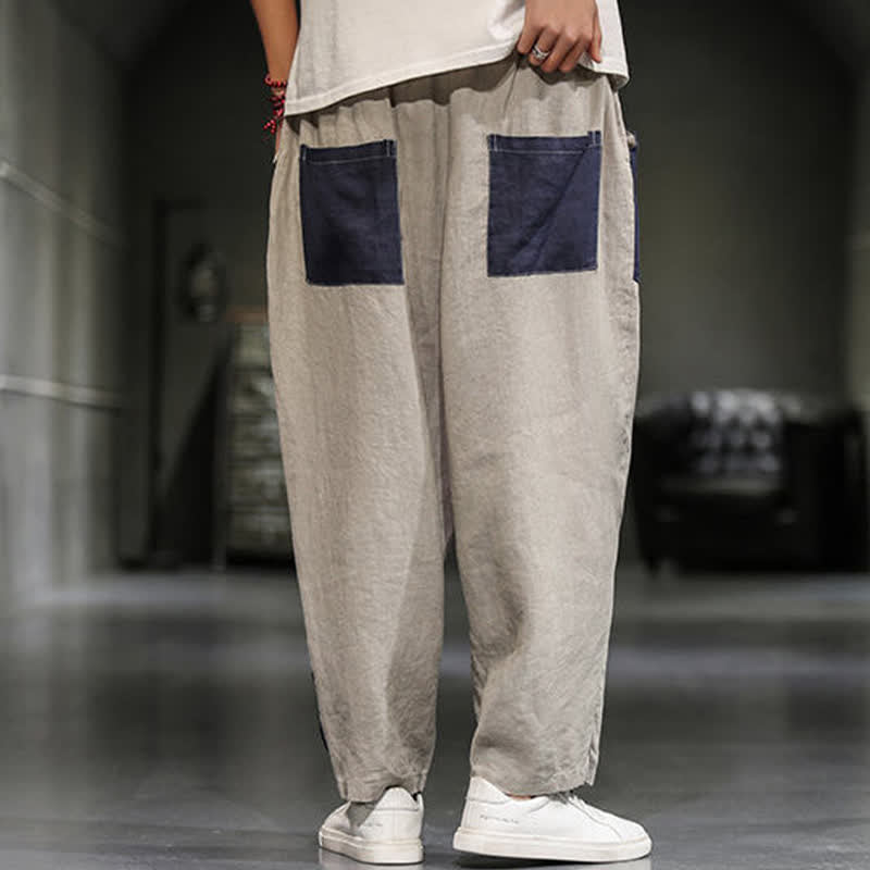 Buddha Stones Spring Casual Color Block Cotton Linen Cropped Men's Harem Pants With Pockets - image 4