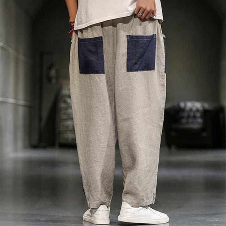 Buddha Stones Spring Casual Color Block Cotton Linen Cropped Men's Harem Pants With Pockets - image 4