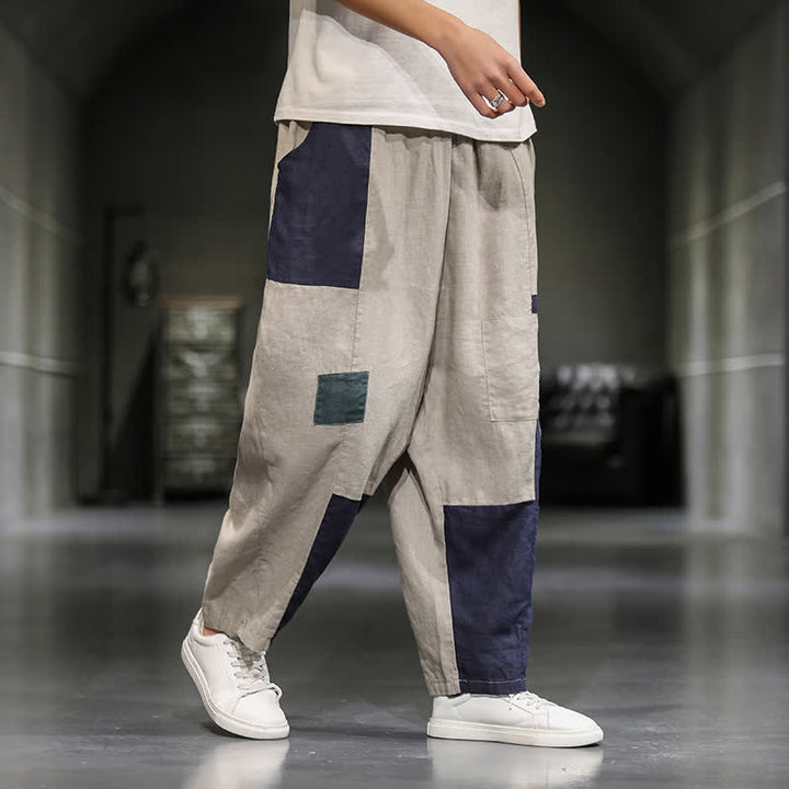 Buddha Stones Spring Casual Color Block Cotton Linen Cropped Men's Harem Pants With Pockets - image 7