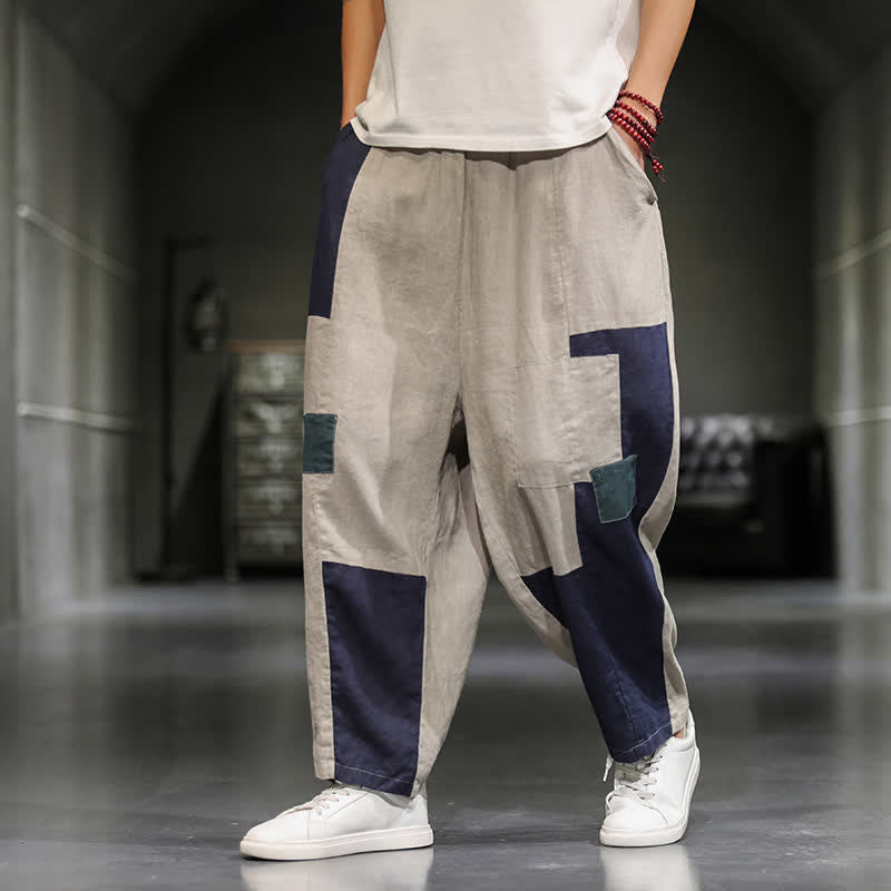 Buddha Stones Spring Casual Color Block Cotton Linen Cropped Men's Harem Pants With Pockets - image 8