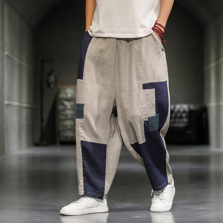 Buddha Stones Spring Casual Color Block Cotton Linen Cropped Men's Harem Pants With Pockets - image 8