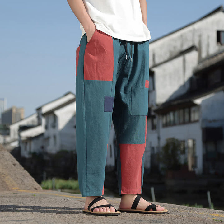 Buddha Stones Spring Casual Color Block Cotton Linen Cropped Men's Harem Pants With Pockets - image 13