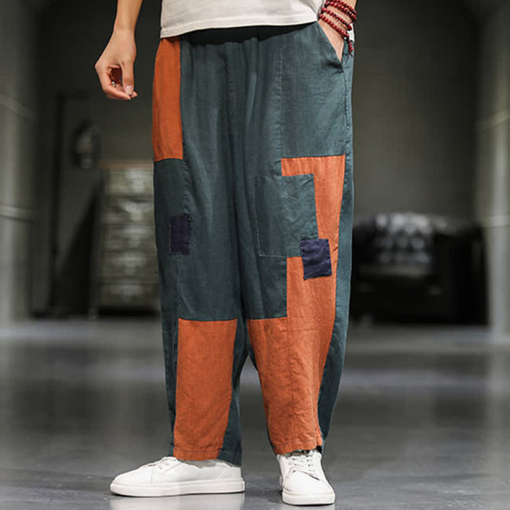 Buddha Stones Spring Casual Color Block Cotton Linen Cropped Men's Harem Pants With Pockets - image 15