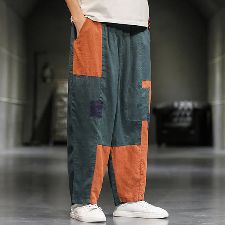 Buddha Stones Spring Casual Color Block Cotton Linen Cropped Men's Harem Pants With Pockets - image 17