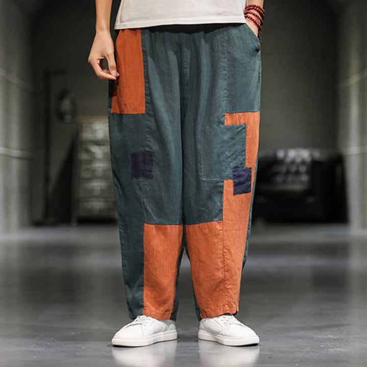 Buddha Stones Spring Casual Color Block Cotton Linen Cropped Men's Harem Pants With Pockets - CadetBlue - US/UK/AU48，EU58(5XL) - image 11