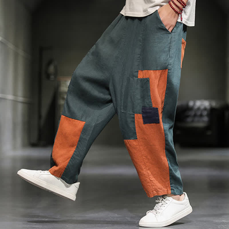 Buddha Stones Spring Casual Color Block Cotton Linen Cropped Men's Harem Pants With Pockets - image 19