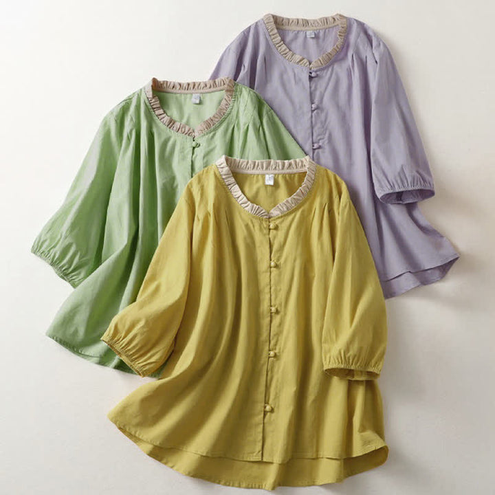 Buddha Stones Summer Casual Button Up Solid Ruffled Collar Cotton Women's Short Sleeve Shirt - image 19