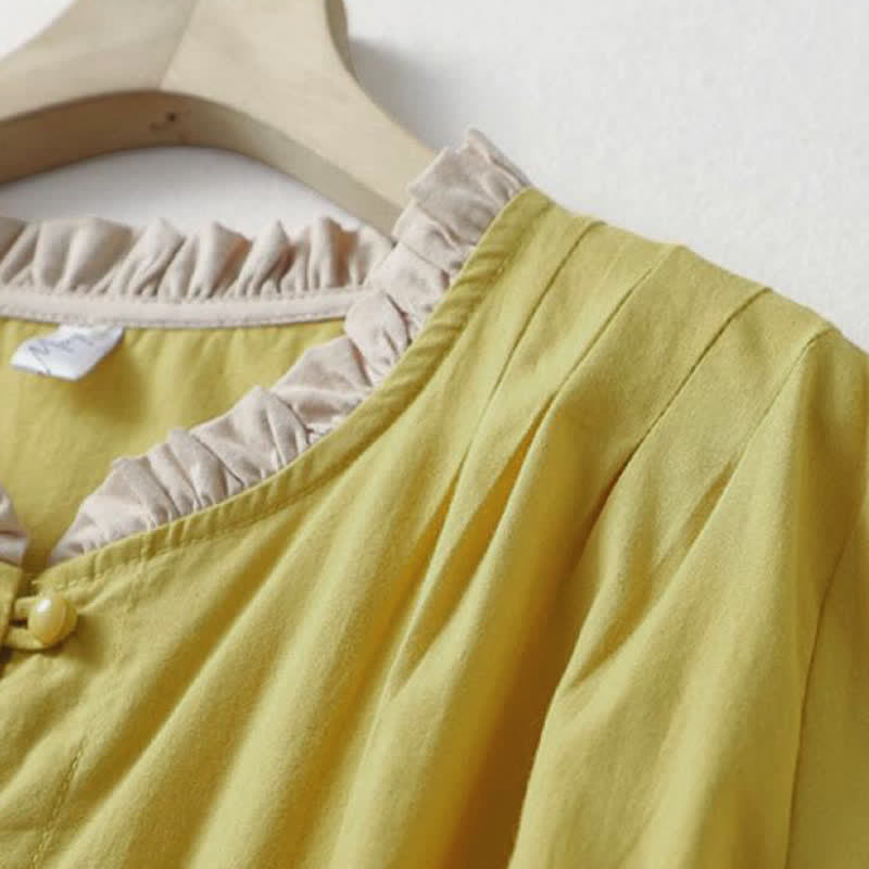 Buddha Stones Summer Casual Button Up Solid Ruffled Collar Cotton Women's Short Sleeve Shirt - image 4