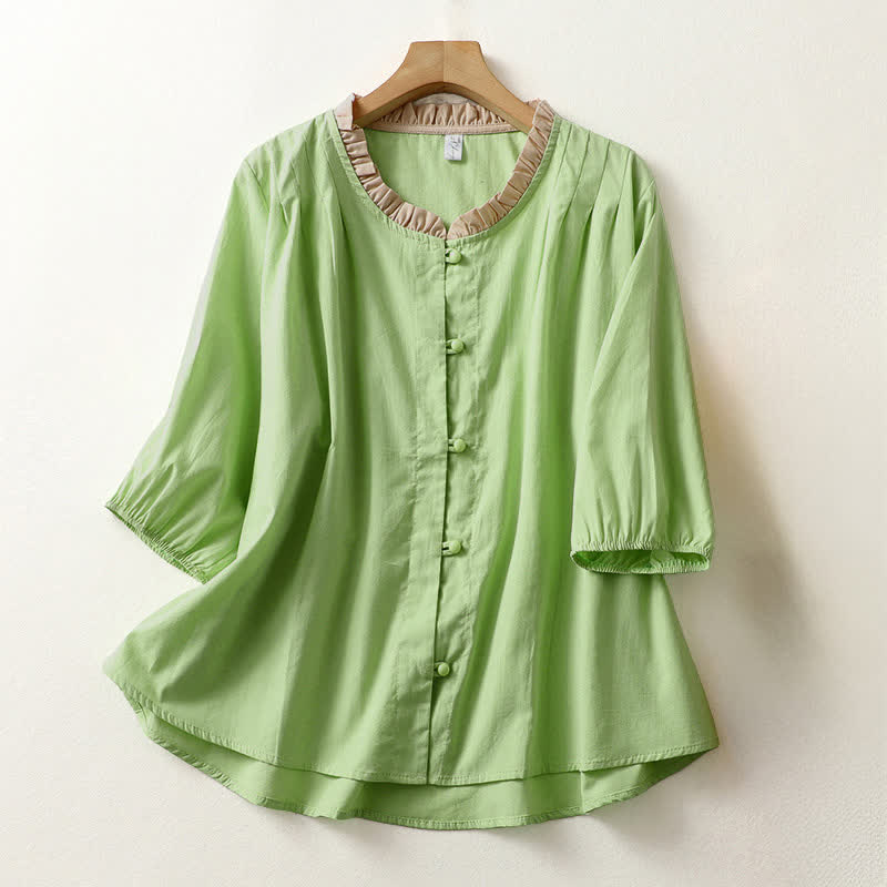 Buddha Stones Summer Casual Button Up Solid Ruffled Collar Cotton Women's Short Sleeve Shirt - PaleGreen - US8-10，UK/AU12-14，EU40-42 (2XL) - image 12