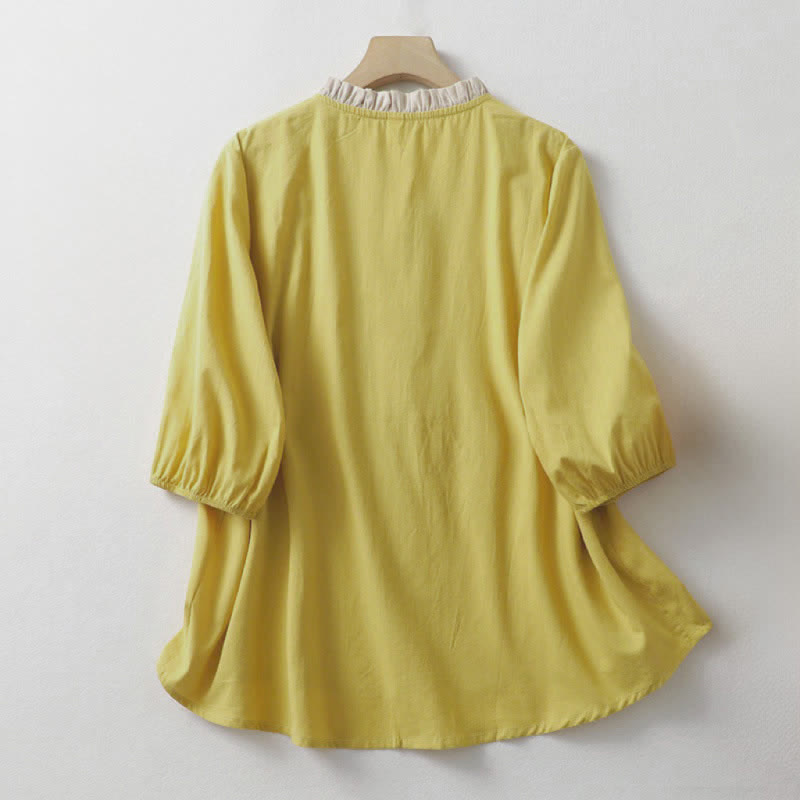 Buddha Stones Summer Casual Button Up Solid Ruffled Collar Cotton Women's Short Sleeve Shirt - image 1