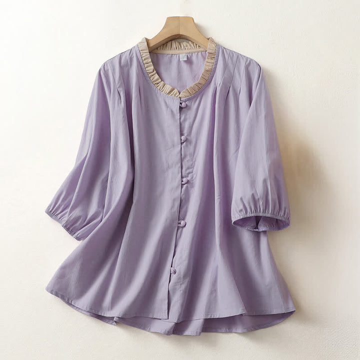 Buddha Stones Summer Casual Button Up Solid Ruffled Collar Cotton Women's Short Sleeve Shirt - Lavender - US8-10，UK/AU12-14，EU40-42 (2XL) - image 7