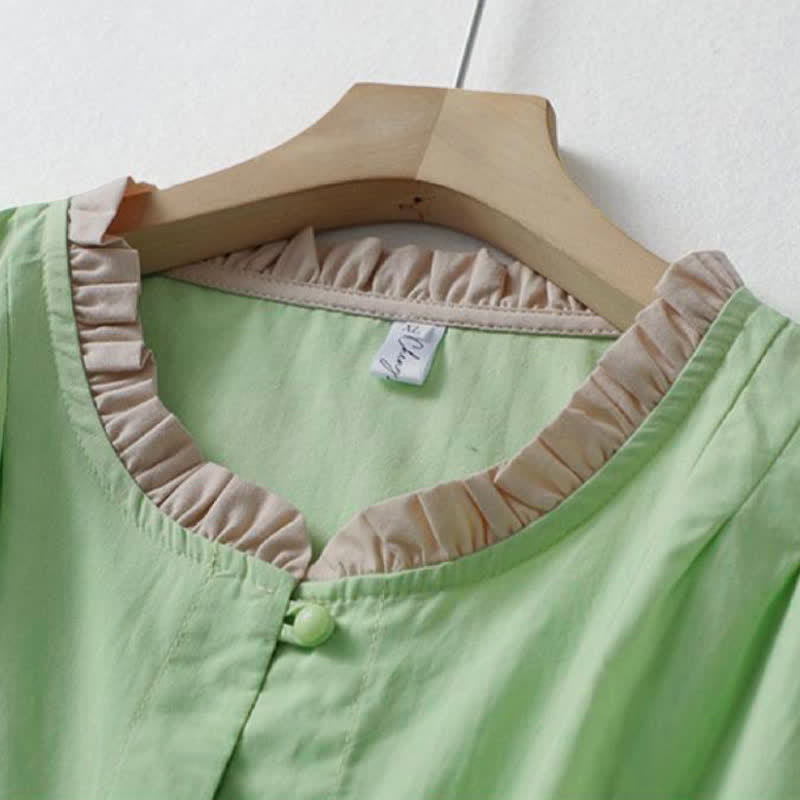 Buddha Stones Summer Casual Button Up Solid Ruffled Collar Cotton Women's Short Sleeve Shirt - image 13