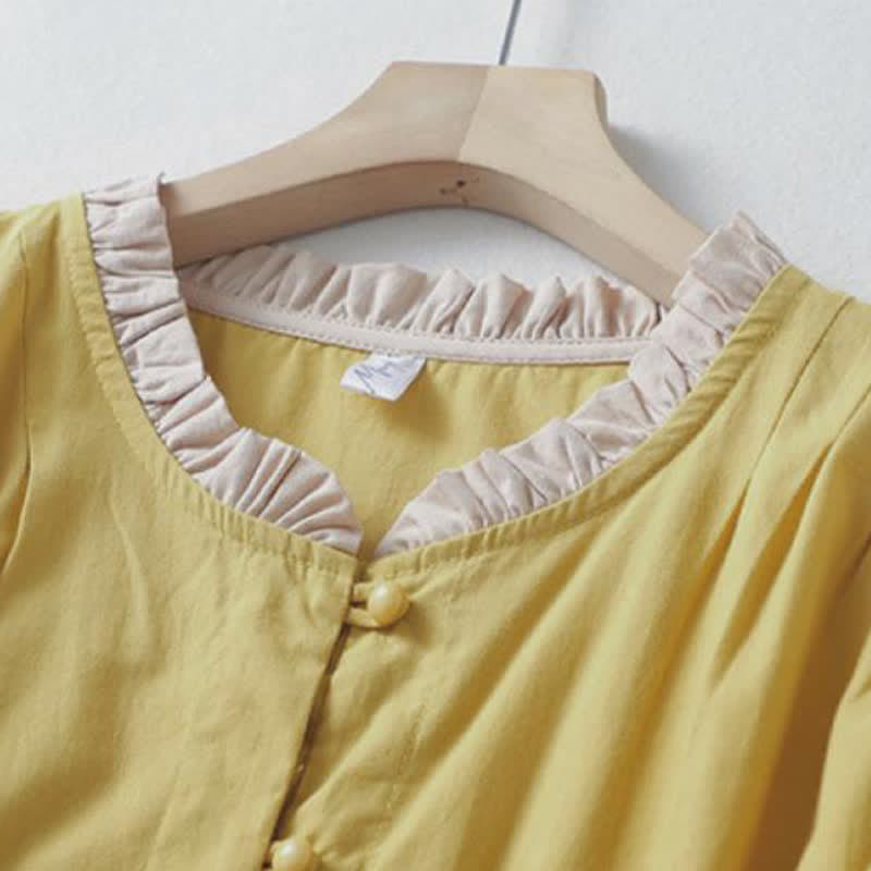 Buddha Stones Summer Casual Button Up Solid Ruffled Collar Cotton Women's Short Sleeve Shirt - image 2