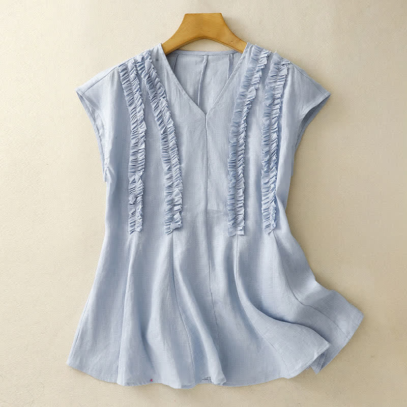 Buddha Stones Summer Casual Solid V-Neck Vertical Ruffle Pleat Women's Sleeveless T-Shirts Tank Top - image 0