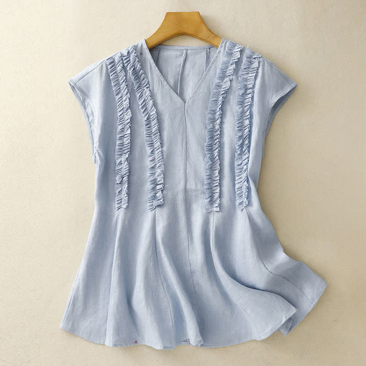 Buddha Stones Summer Casual Solid V-Neck Vertical Ruffle Pleat Women's Sleeveless T-Shirts Tank Top - image 0