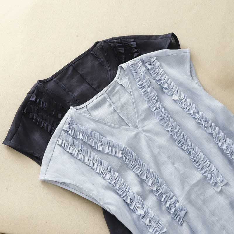 Buddha Stones Summer Casual Solid V-Neck Vertical Ruffle Pleat Women's Sleeveless T-Shirts Tank Top - image 16