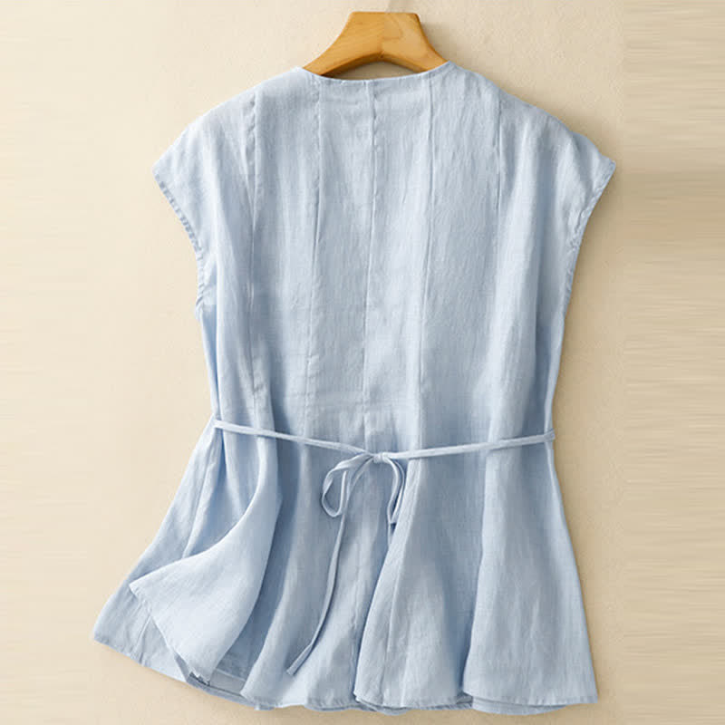 Buddha Stones Summer Casual Solid V-Neck Vertical Ruffle Pleat Women's Sleeveless T-Shirts Tank Top - image 1