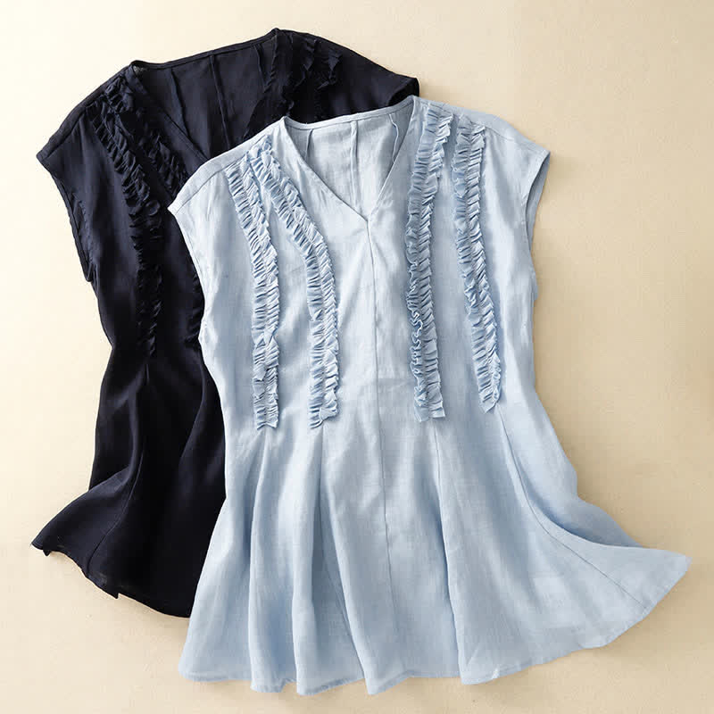 Buddha Stones Summer Casual Solid V-Neck Vertical Ruffle Pleat Women's Sleeveless T-Shirts Tank Top - image 15