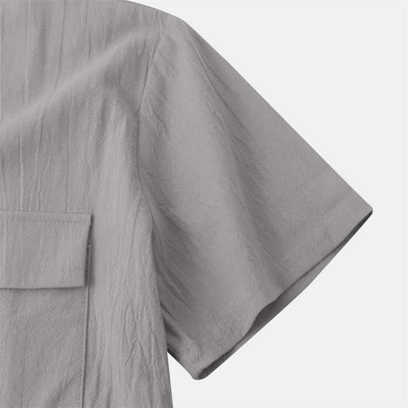 Buddha Stones Summer Casual Solid Buttons Men's Short Sleeve Shirts With Decorative Pockets - image 39