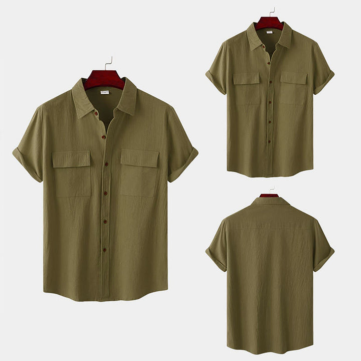 Buddha Stones Summer Casual Solid Buttons Men's Short Sleeve Shirts With Decorative Pockets - image 58