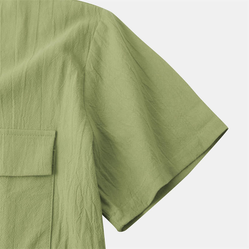Buddha Stones Summer Casual Solid Buttons Men's Short Sleeve Shirts With Decorative Pockets - image 67