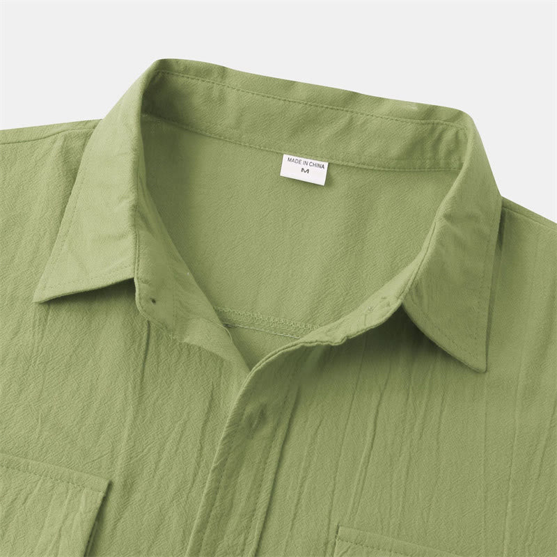 Buddha Stones Summer Casual Solid Buttons Men's Short Sleeve Shirts With Decorative Pockets - image 66