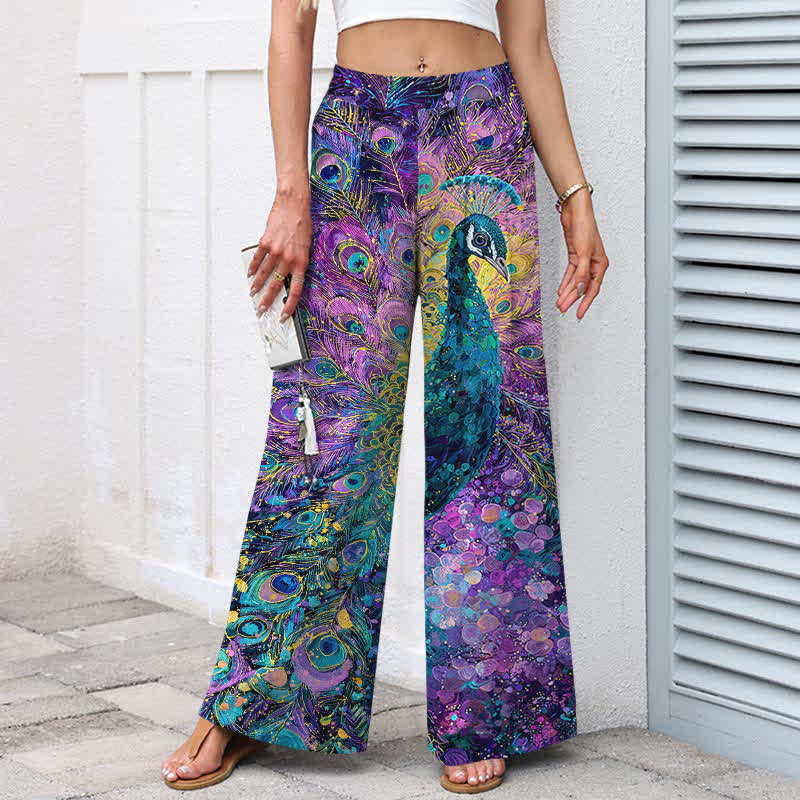 Buddha Stones Cotton Linen Peacock Feather Pattern Women's Elastic Waist Wide Leg Pants With Pockets - image 1