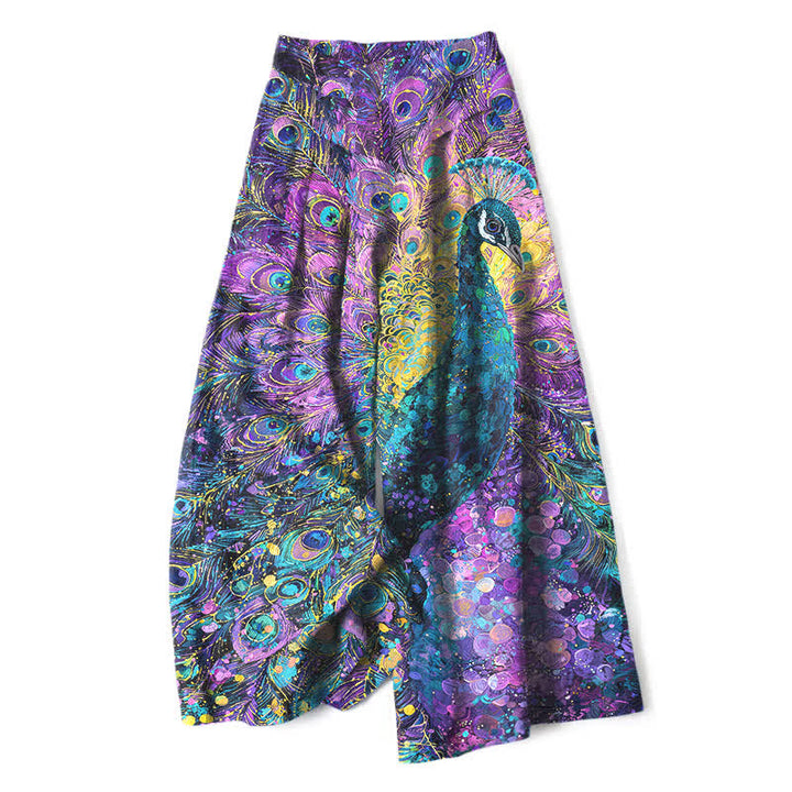 Buddha Stones Cotton Linen Peacock Feather Pattern Women's Elastic Waist Wide Leg Pants With Pockets - BlueViolet - US16，UK/AU20，EU48 (3XL) - image 0