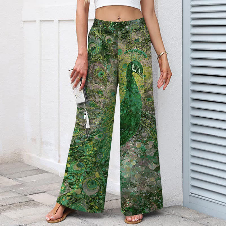 Buddha Stones Cotton Linen Peacock Feather Pattern Women's Elastic Waist Wide Leg Pants With Pockets - image 5