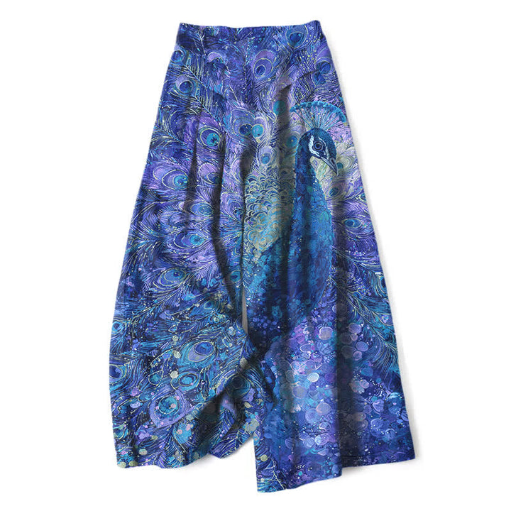 Buddha Stones Cotton Linen Peacock Feather Pattern Women's Elastic Waist Wide Leg Pants With Pockets - RoyalBlue - US16，UK/AU20，EU48 (3XL) - image 6