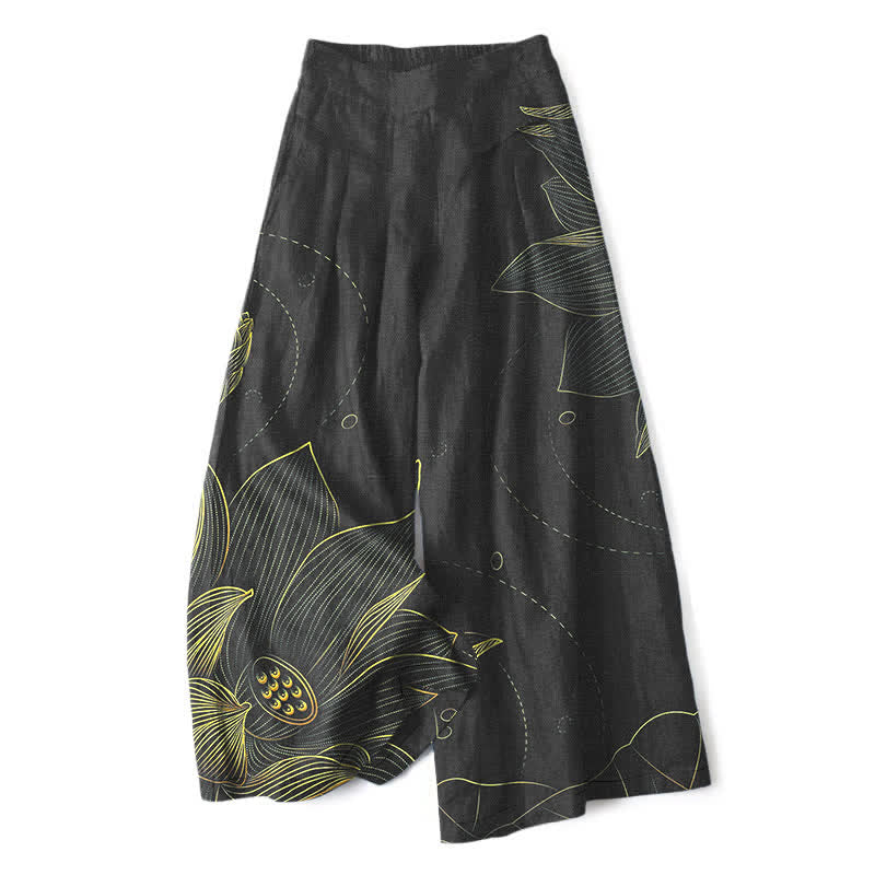 Buddha Stones Cotton Linen Lotus Line Art Pattern Women's Elastic Waist Wide Leg Pants With Pockets - Black - US16，UK/AU20，EU48 (3XL) - image 6