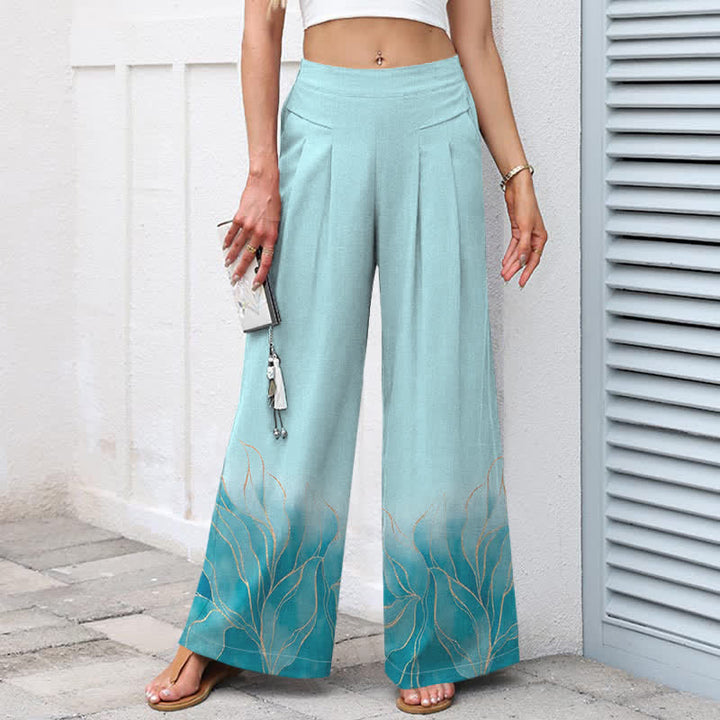 Buddha Stones Cotton Linen Gradient Leaf Pattern Women's Elastic Waist Wide Leg Pants With Pockets - image 1