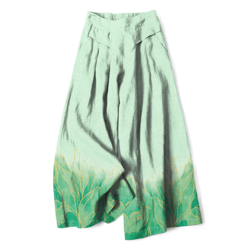 Buddha Stones Cotton Linen Gradient Leaf Pattern Women's Elastic Waist Wide Leg Pants With Pockets - PaleGreen - US16，UK/AU20，EU48 (3XL) - image 4