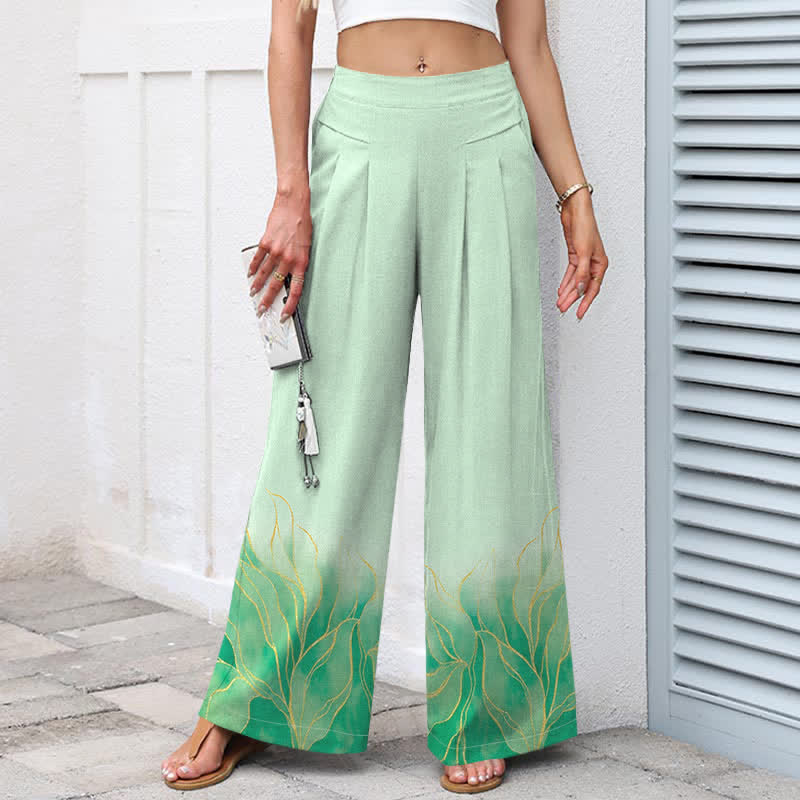 Buddha Stones Cotton Linen Gradient Leaf Pattern Women's Elastic Waist Wide Leg Pants With Pockets - image 5