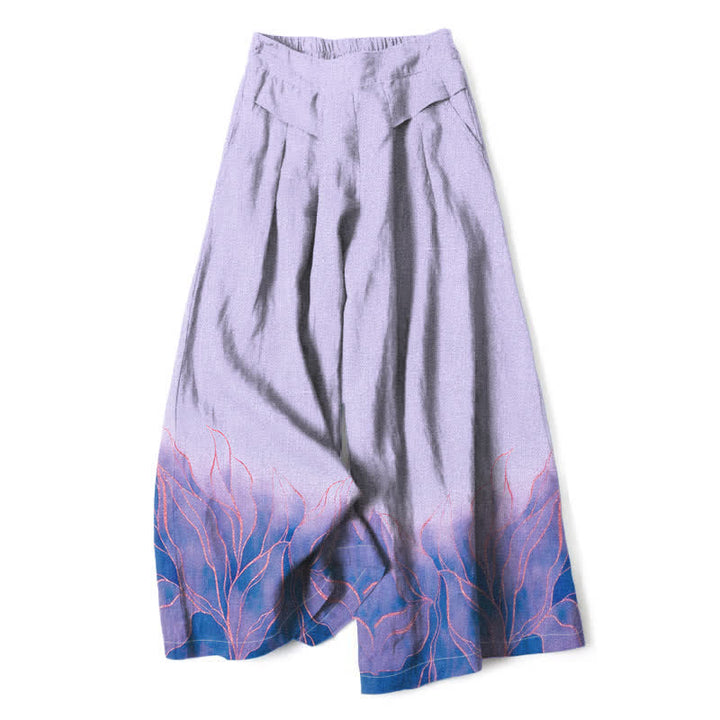 Buddha Stones Cotton Linen Gradient Leaf Pattern Women's Elastic Waist Wide Leg Pants With Pockets - Lavender - US16，UK/AU20，EU48 (3XL) - image 6