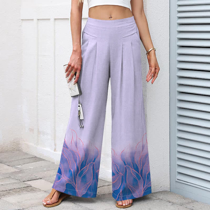 Buddha Stones Cotton Linen Gradient Leaf Pattern Women's Elastic Waist Wide Leg Pants With Pockets - image 7
