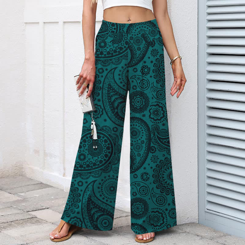 Buddha Stones Cotton Linen Bohemian Paisley Pattern Women's Elastic Waist Wide Leg Pants With Pockets - image 1
