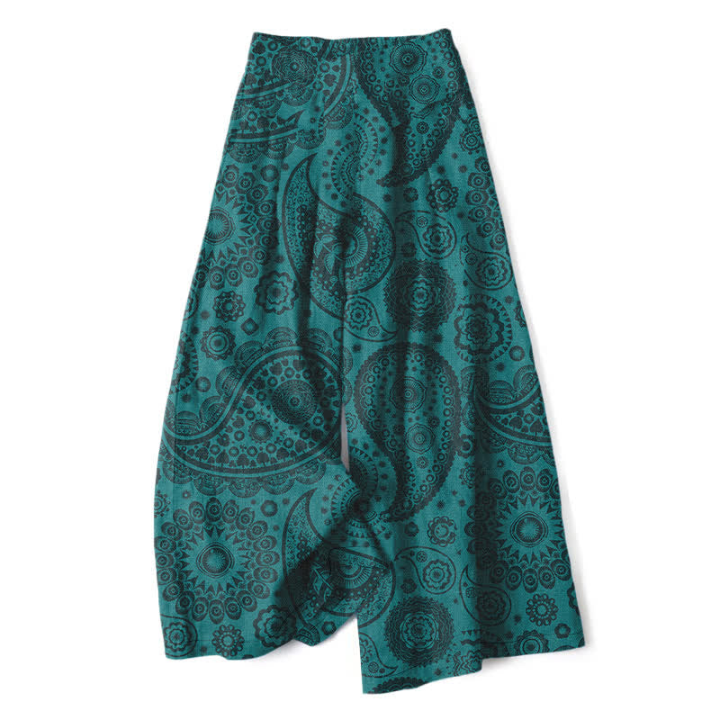 Buddha Stones Cotton Linen Bohemian Paisley Pattern Women's Elastic Waist Wide Leg Pants With Pockets - Teal - US16，UK/AU20，EU48 (3XL) - image 0