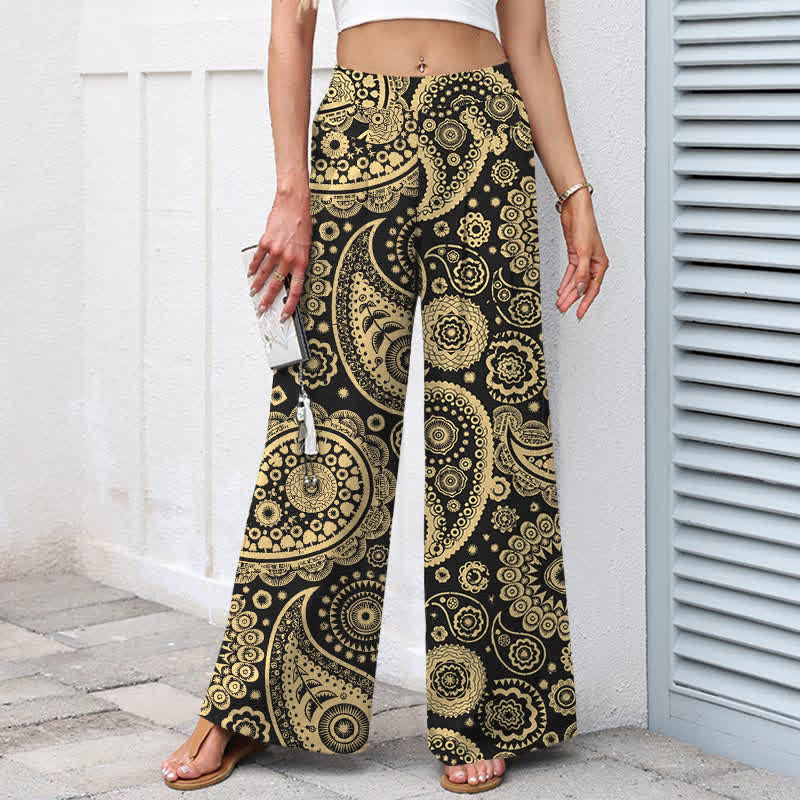 Buddha Stones Cotton Linen Bohemian Paisley Pattern Women's Elastic Waist Wide Leg Pants With Pockets - image 5