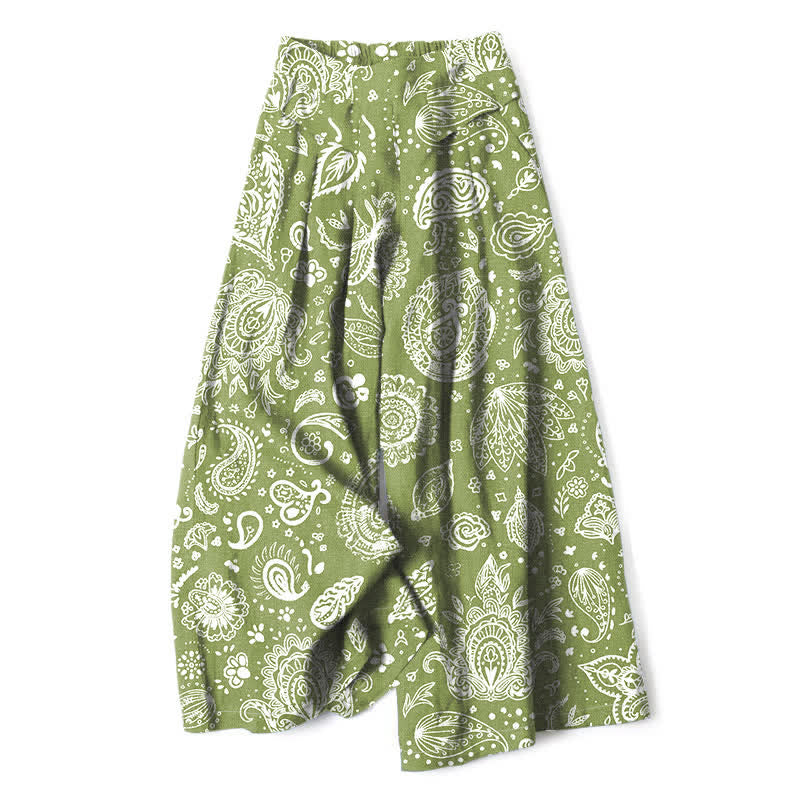 Buddha Stones Cotton Linen Olive Paisley Pattern Women's Elastic Waist Wide Leg Pants With Pockets - OliveDrab - US16，UK/AU20，EU48 (3XL) - image 0