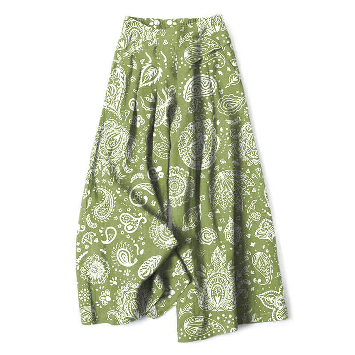 Buddha Stones Cotton Linen Olive Paisley Pattern Women's Elastic Waist Wide Leg Pants With Pockets - OliveDrab - US16，UK/AU20，EU48 (3XL) - image 0