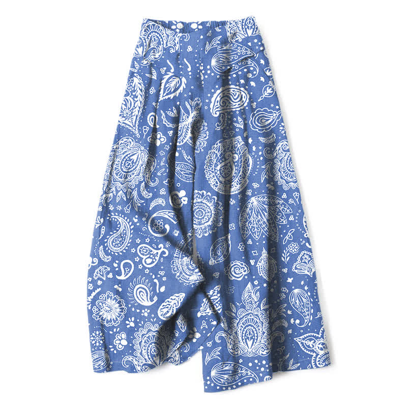 Buddha Stones Cotton Linen Olive Paisley Pattern Women's Elastic Waist Wide Leg Pants With Pockets - CornflowerBlue - US16，UK/AU20，EU48 (3XL) - image 4