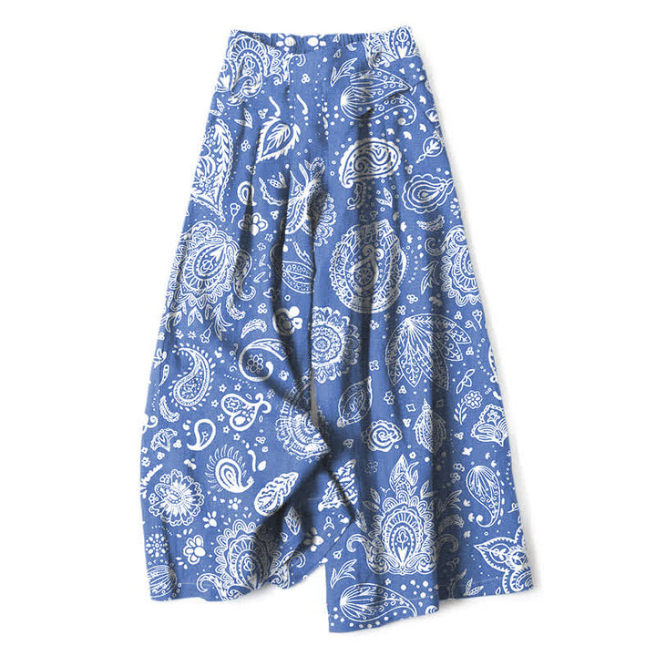 Buddha Stones Cotton Linen Olive Paisley Pattern Women's Elastic Waist Wide Leg Pants With Pockets - CornflowerBlue - US16，UK/AU20，EU48 (3XL) - image 4