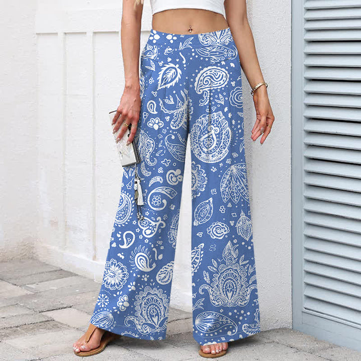 Buddha Stones Cotton Linen Olive Paisley Pattern Women's Elastic Waist Wide Leg Pants With Pockets - image 5