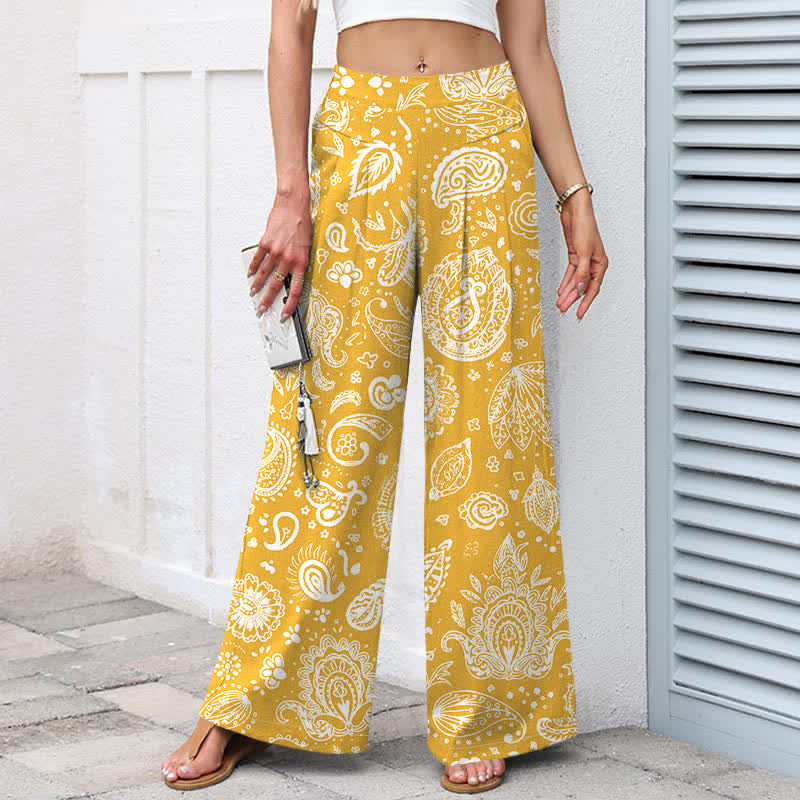 Buddha Stones Cotton Linen Olive Paisley Pattern Women's Elastic Waist Wide Leg Pants With Pockets - image 7