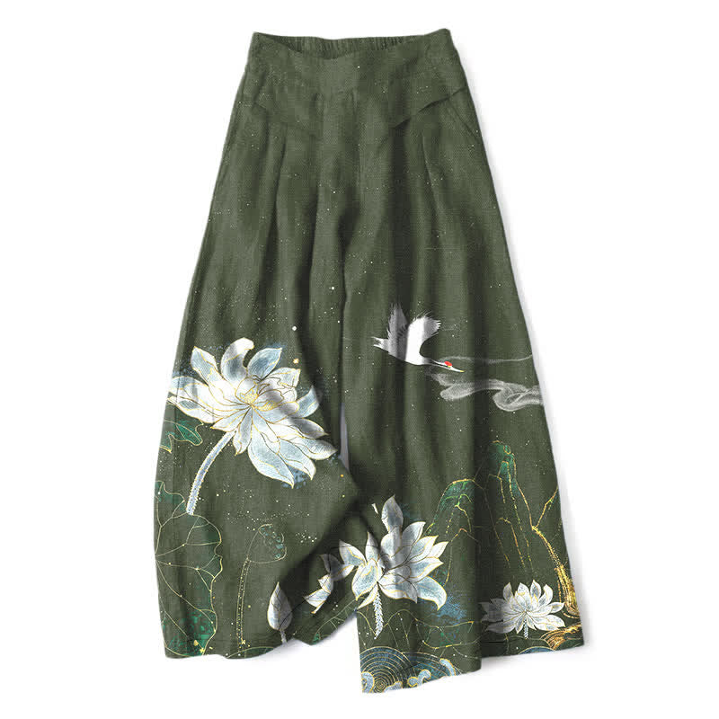 Buddha Stones Cotton Linen Lotus Crane Pattern Women's Elastic Waist Wide Leg Pants With Pockets - DarkOliveGreen - US16，UK/AU20，EU48 (3XL) - image 4