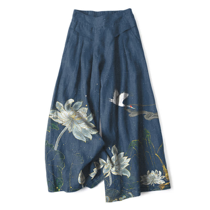 Buddha Stones Cotton Linen Lotus Crane Pattern Women's Elastic Waist Wide Leg Pants With Pockets - Teal - US16，UK/AU20，EU48 (3XL) - image 6
